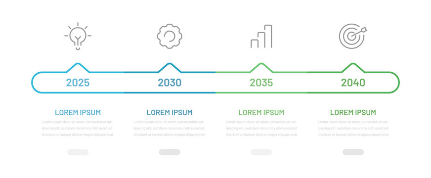 Timeline of the infographic. Horizontal thin linear four-step chart for presentation. The concept of achieving the company's success in 4 stages.