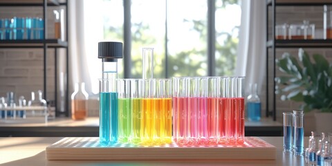 A colorful array of test tubes filled with liquids in a laboratory setting.
