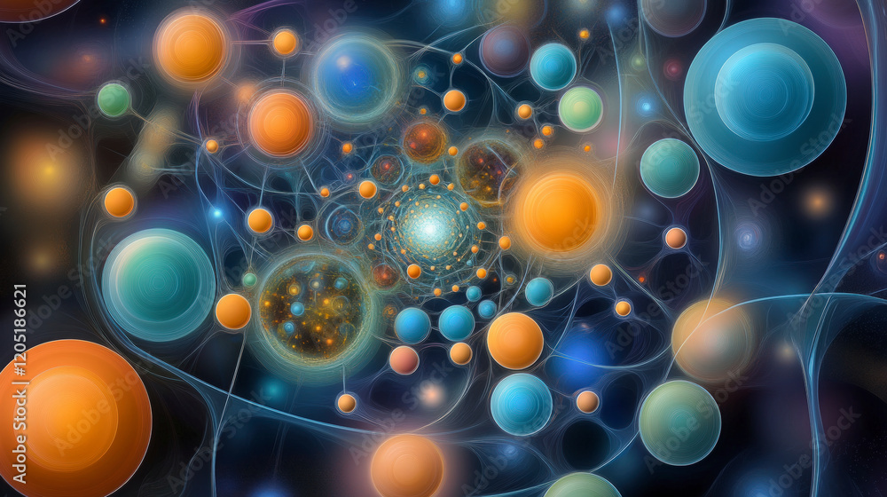 Aufkleber mesmerizing abstract art with colorful spheres, cosmic patterns, and dynamic swirls, capturing the e
