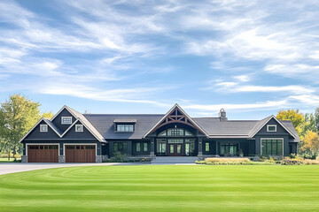 Modern Farmhouse Exterior Showcases Architectural Detailing with Lush Green Lawn and Blue Sky
