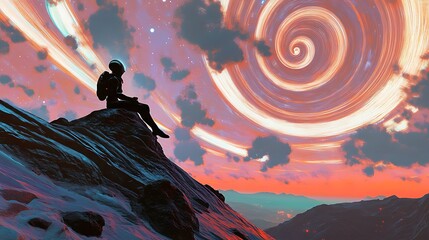 Fototapeta premium An alien perched on a rocky formation watching the vast expanse of space with its swirling galaxies