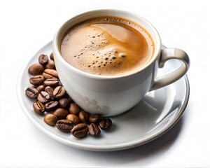 Obraz premium Fresh espresso coffee in white ceramic cup, roasted coffee beans on saucer, aromatic morning caffeine beverage isolated on white background