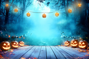Spooky Halloween Night Scene with Pumpkins, Bats, and a Wooden Plank Path in a Misty Forest