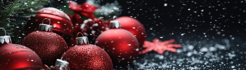 A festive arrangement of red Christmas ornaments surrounded by snowflakes and greenery.