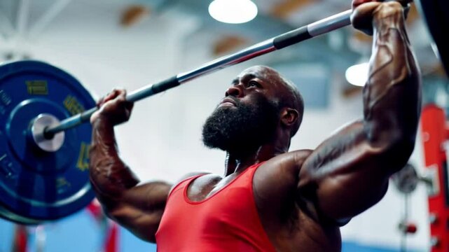 Bodybuilder Lifting Heavy Weights with Determined Expression Indoors