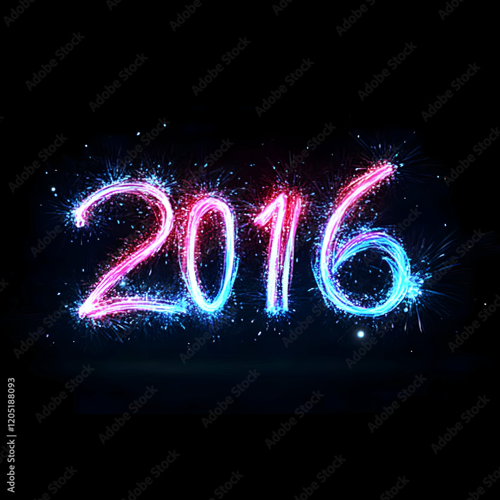 Poster 2016 sparkler number on black background illuminates with colorful lights