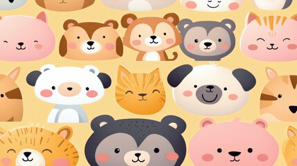 Explore this adorable pattern of cartoon animals with cute bears, cats, and dogs, perfect for kids' room decor.