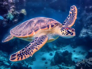 Obraz premium Sea Turtle Swims Gracefully Through Deep Blue Ocean with Coral Reefs