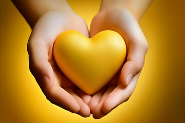Obraz premium Two Hands Gently Hold a Golden Heart, Symbolizing Love, Care, and Affection on a Yellow Background.