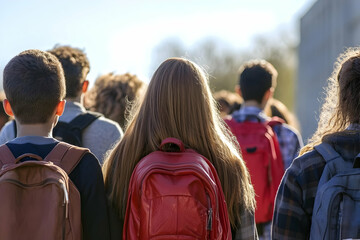 Students Walk with Backpacks Outside on a Sunny Day Towards School Building