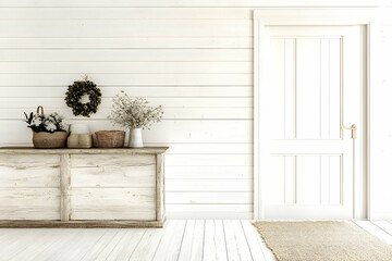 White Room Interior Design Features a Rustic Wooden Console Table Decorated with Plants, Baskets, and a Wreath. Beside a White Door with Minimalist Design Elements.