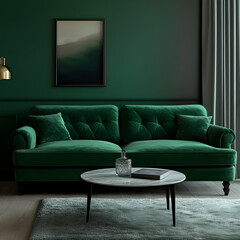 Elegant green velvet sofa sits gracefully in a sophisticated living room, bathed in soft natural light, creating a tranquil and inviting space.