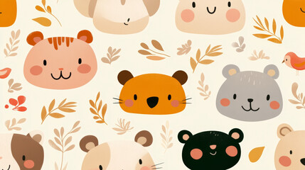 Fototapeta premium Adorable animal illustrations create a charming design, perfect for children's decor. Cute bear, tiger faces enhance playful vibe.