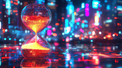 Hourglass reflecting city lights at night. Great for urban timing or modern lifestyle concepts.