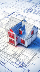 3D House Model Sits on Detailed Architectural Blueprint with Precise Measurements for Construction