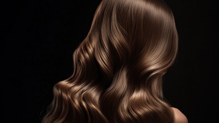 Fototapeta premium Woman's long, wavy brown hair against black background; hair care, beauty, salon