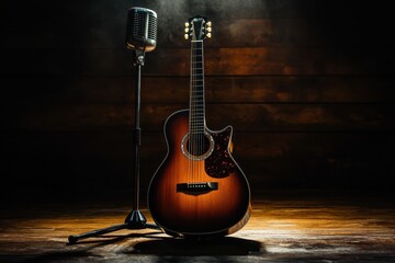 A beautifully lit acoustic guitar stands next to a vintage microphone, creating an inviting atmosphere for music lovers and performers alike.