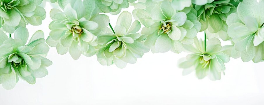 A serene arrangement of soft green flowers against a white background, evoking tranquility and freshness.