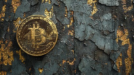 Gold Bitcoin on aged metallic surface.