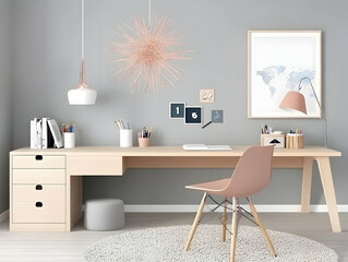 Modern Home Office Interior Design with Wooden Desk, Pink Chair and Decorative Accents.
