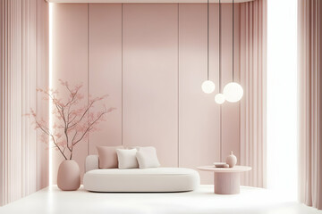 Modern Minimalist Pink Interior Design Showcases Elegant Sofa, Decorative Tree, and Stylish Pendant Lights.
