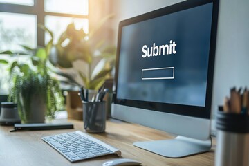 A modern workspace featuring a computer with a 'Submit' button on the screen. Ideal for articles on productivity, remote work, and digital tasks.