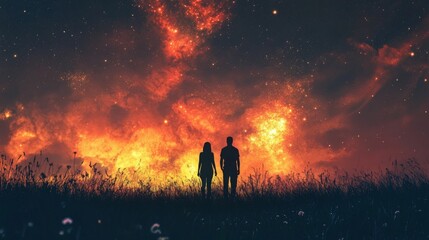 Fototapeta premium Silhouette of a couple standing in a field, looking up at a bright, fiery sky with stars.