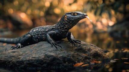 Obraz premium A water monitor lizard basking on a rock by a slow-moving river