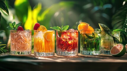 A vibrant display of assorted cocktails garnished with fresh fruits and herbs, showcasing a colorful array of refreshing drinks in a tropical setting.
