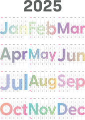 Annual calendar for 2025. The week begins on Sunday. Time, planning and schedule concept. Flat gradient design. Removable calendar for the month. Vector illustration