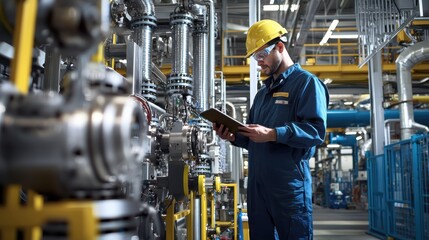 A worker in protective gear inspects equipment in a modern industrial facility, ensuring safety and efficiency in the production process.
