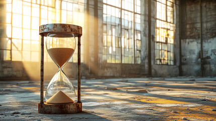 Hourglass in abandoned industrial space. Ideal for urban exploration or time passage concepts.