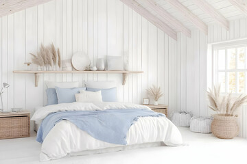 Serene Bedroom Interior with Wooden Beams Complementing the White Walls Adorned with Pampas Grass Decor