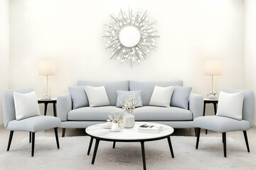 Modern Living Room Interior Design Showcases a Comfortable Sofa, Armchairs, and a Stylish Coffee Table with Decor.