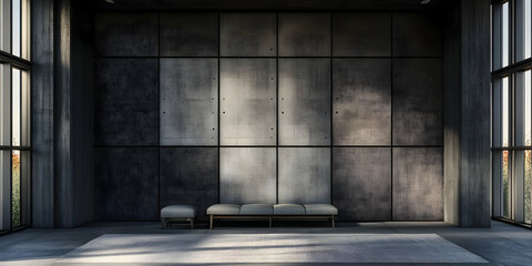 Modern Minimalist Living Room Interior with Textured Wall Panels and Bench Seating