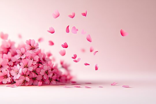 A vibrant bouquet of pink cherry blossoms with delicate petals falling gently.