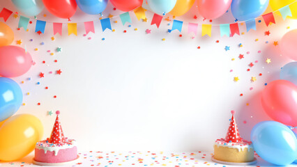 Colorful Birthday Background with Balloons, Confetti, and Party Ribbons