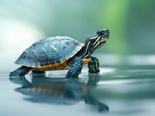 Obraz premium A baby turtle is walking on the water