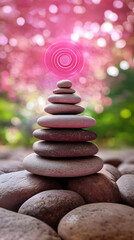 Obraz premium Stacked stones with pink spiral energy in a beautiful nature background.