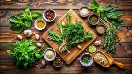 Aromatic Herb Sampler Set on Wooden Cutting Board with Fresh Herbs , culinary ingredients, kitchen essentials