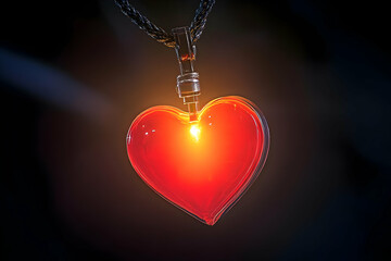Glowing Red Heart Pendant Hangs on a Dark Cord, Illuminating the Background Softly