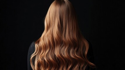Fototapeta premium Long wavy hair, woman's back, dark background, studio shot, haircare