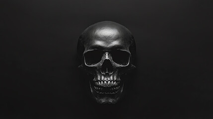 Sleek black skull on dark background. Great for gothic design, modern art installations, or Halloween themed projects.