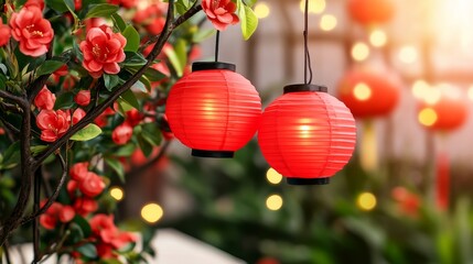 Fototapeta premium Illuminated Red Lanterns Hanging Amidst Blooming Flowers