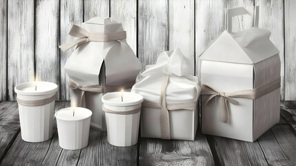 White Gift Boxes, Lit Candles, and a Lantern Decoratively Arranged on a Rustic Wooden Table