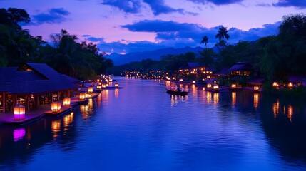 Fototapeta premium Illuminated Riverfront Village at Dusk, Peaceful Asian Scene