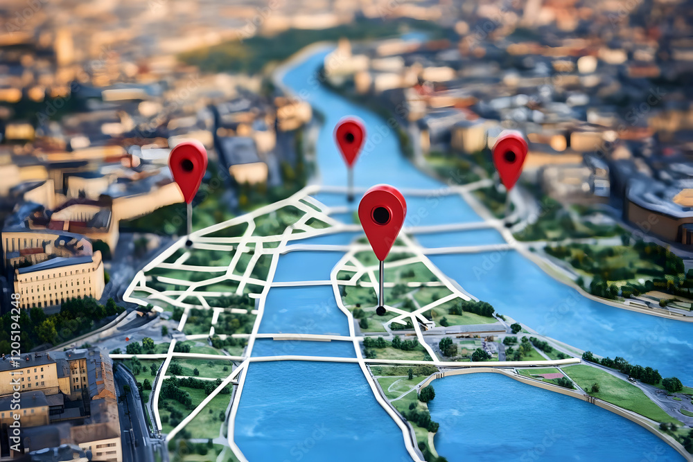 Poster red location pins mark key points on a detailed city map with rivers and buildings effectively.
