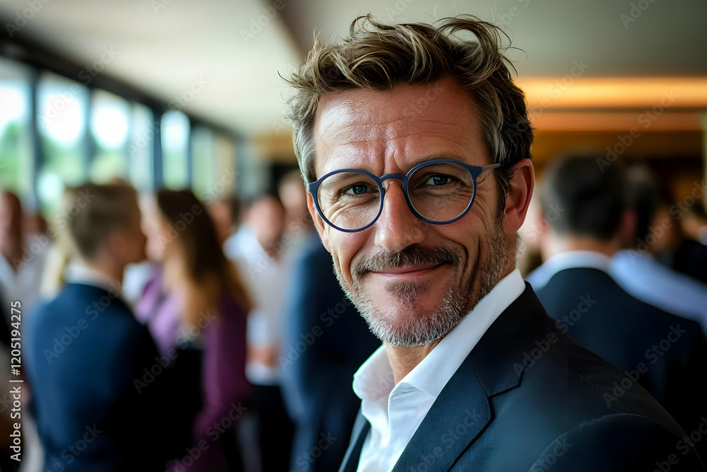 Poster smiling businessman stands in busy office hallway with colleagues networking behind