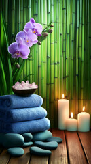 Spa Still Life Features Orchid, Towels, Candles, and Stones Against a Bamboo Backdrop