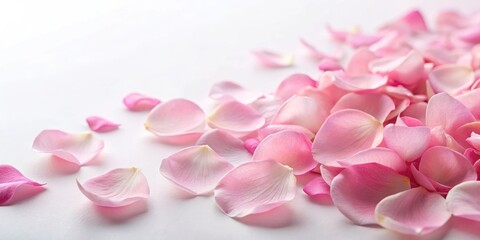Fototapeta premium Delicate pink rose petals scattered on a soft white background , floral, flowers, floral